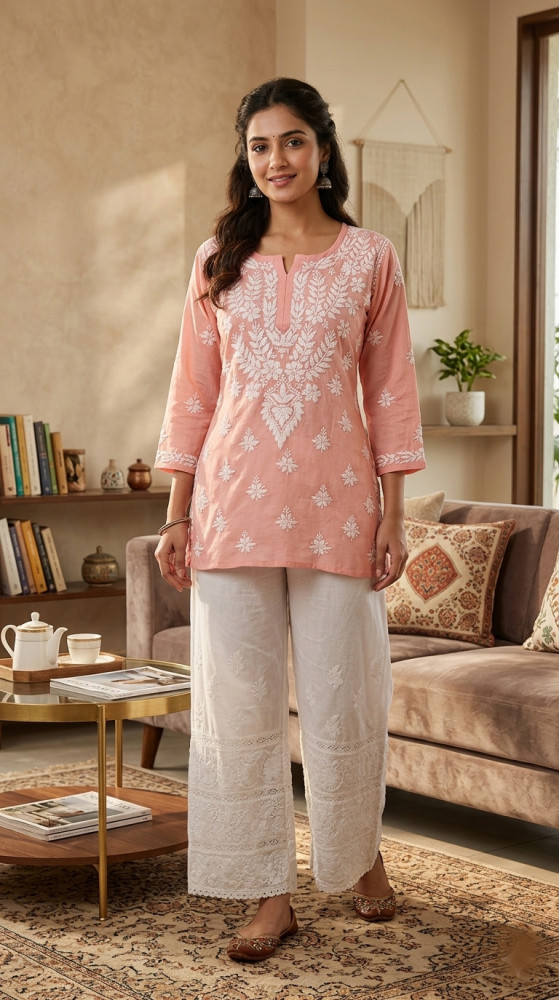 Image of Peach Pink Cotton Hand Embroidered Lucknowi Chikankari Short Top | Rohia By Chhangamal