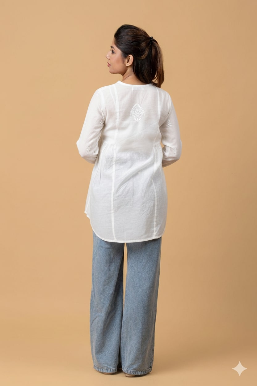 White Muslin Chikankari Short Top