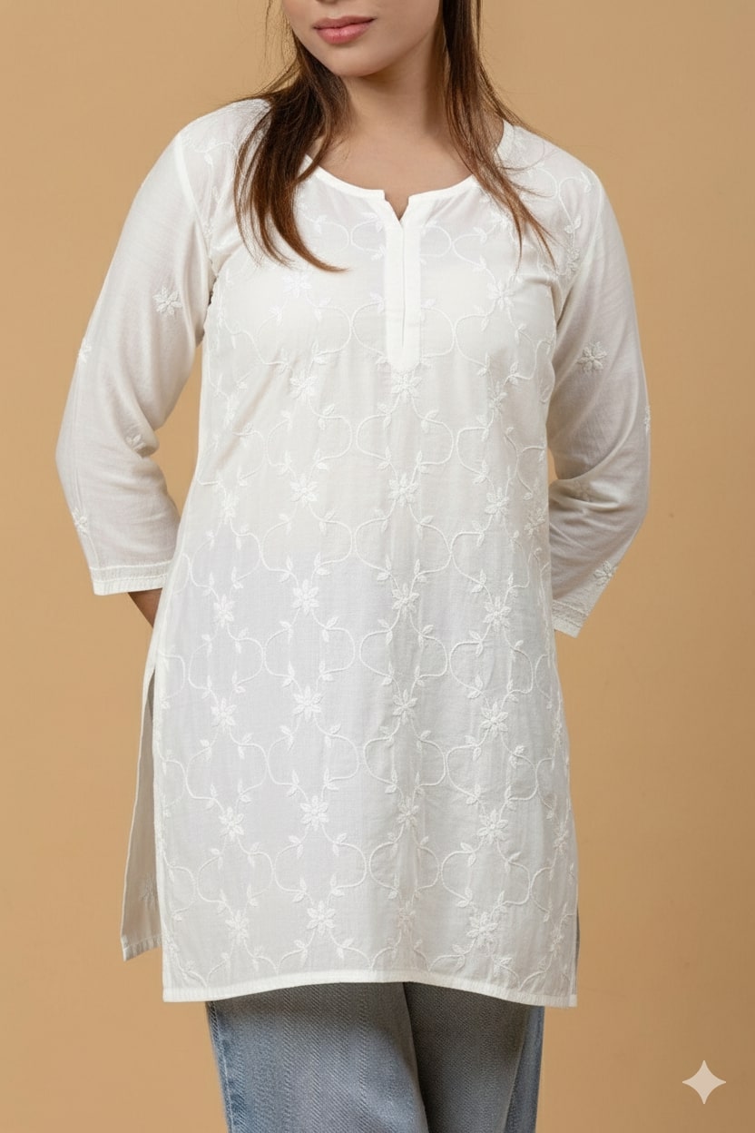White Chanderi Chikankari Short Top