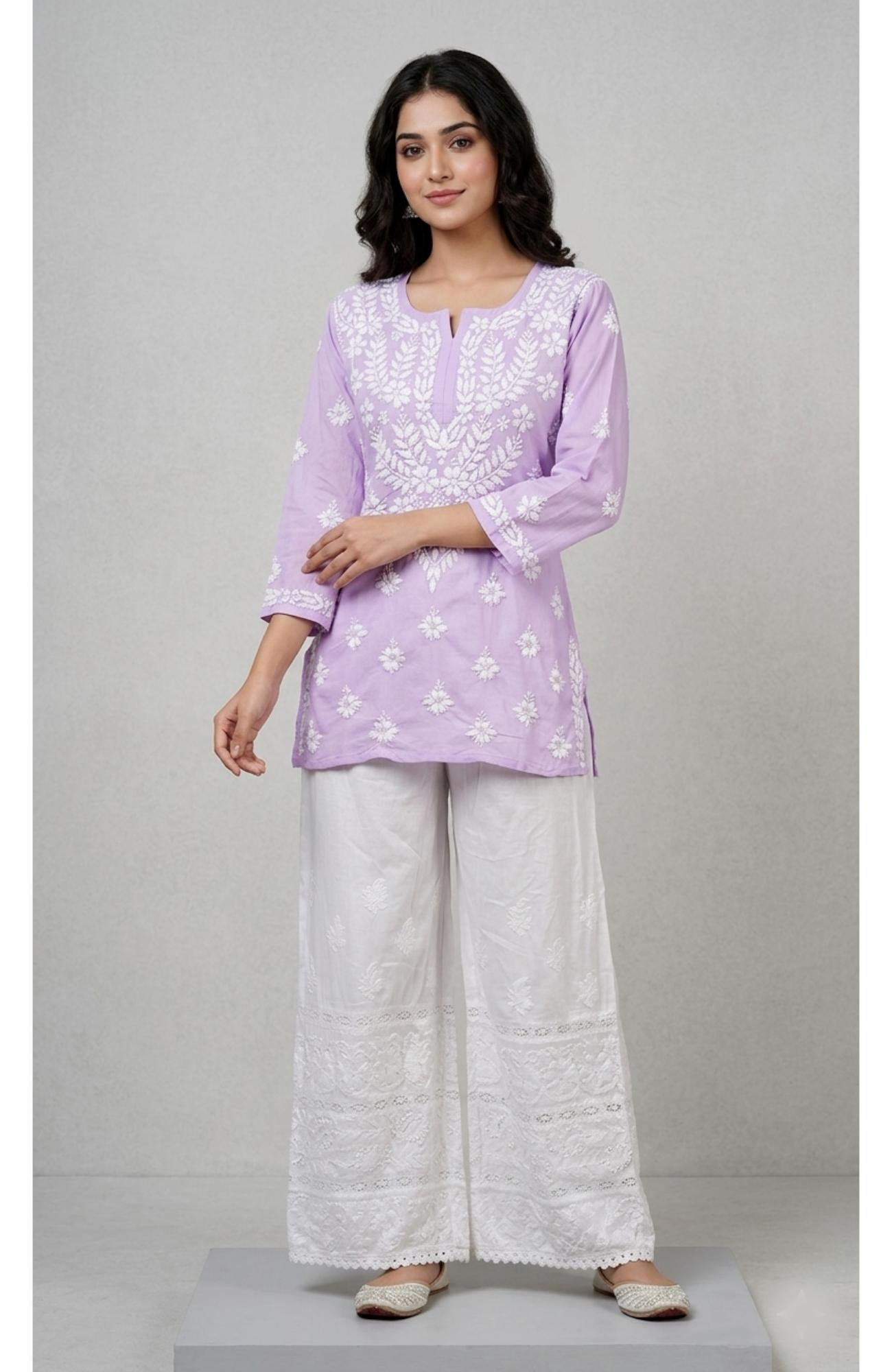 Light Purple Cotton  Lucknowi Chikankari Top I Rohia By Chhangamal