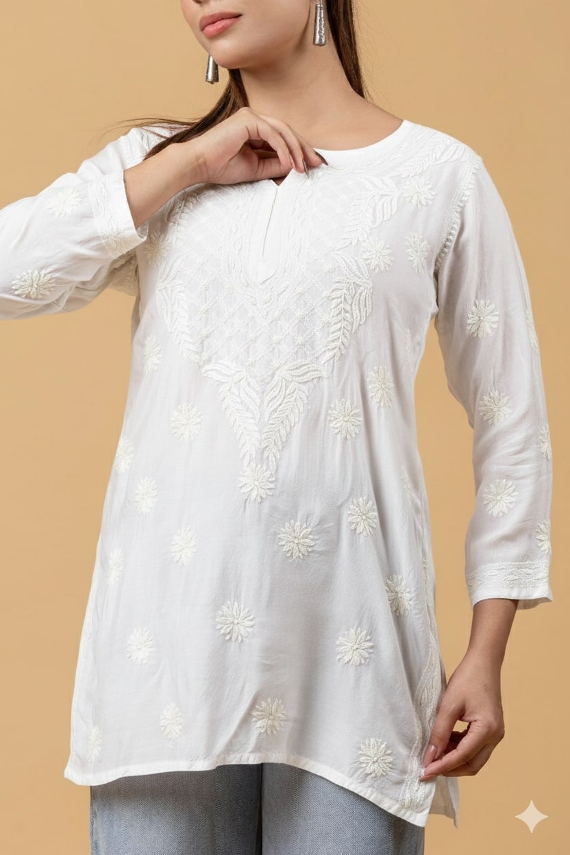 White Muslin Chikankari Short Top