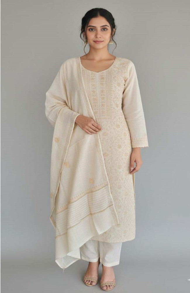 Image of Beige Munga Silk Lucknowi Chikankari Suit Length