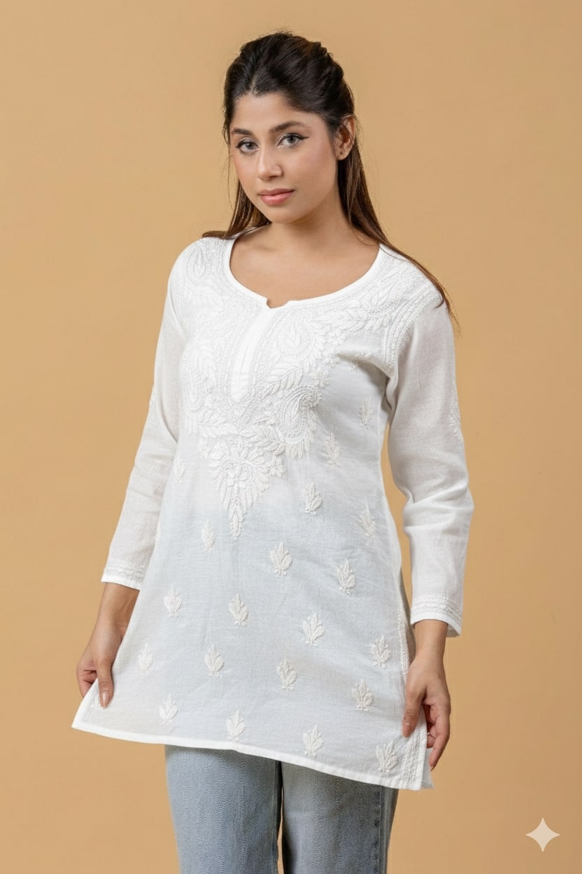 White Mul Chanderi Chikankari Short Top