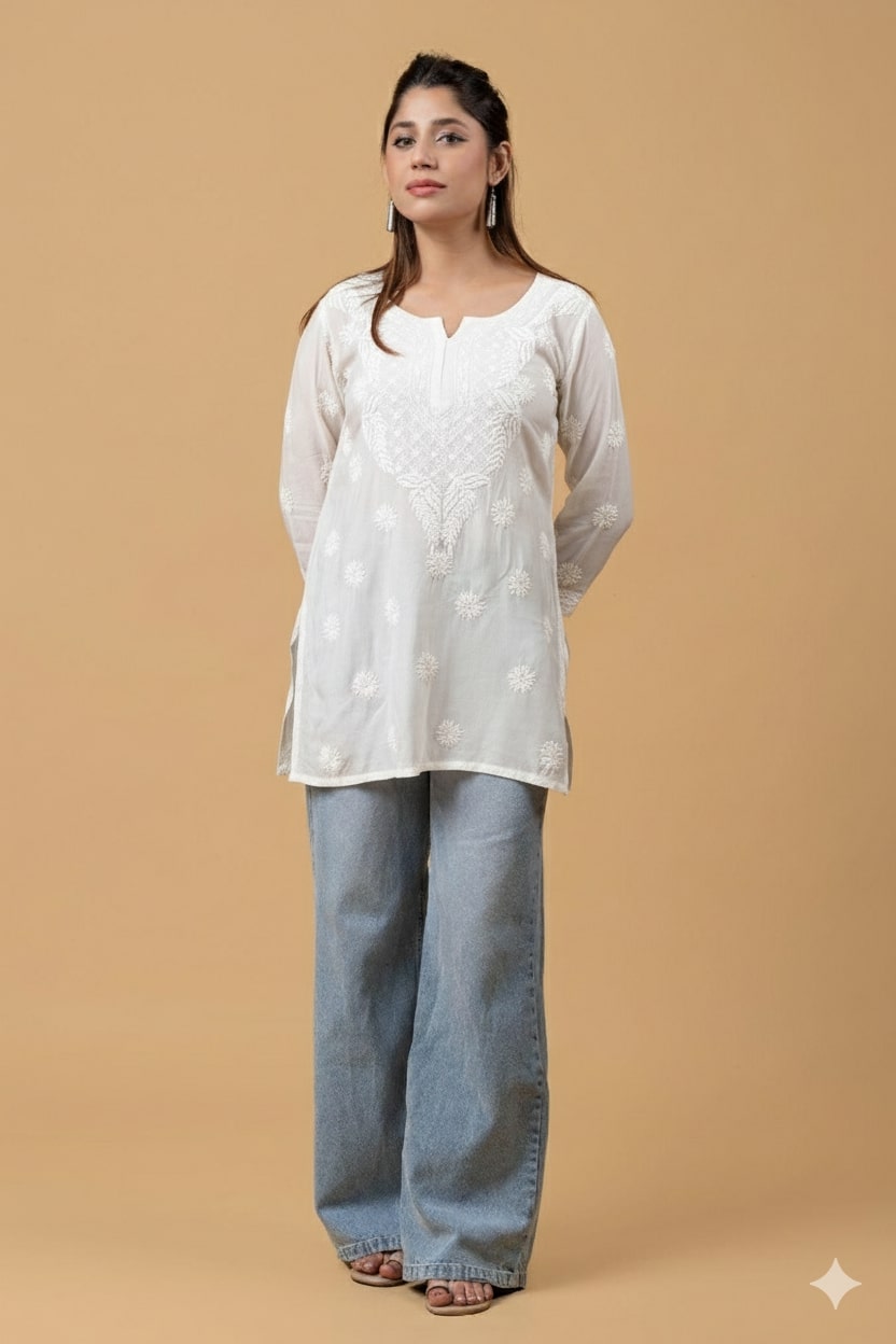 White Muslin Chikankari Short Top