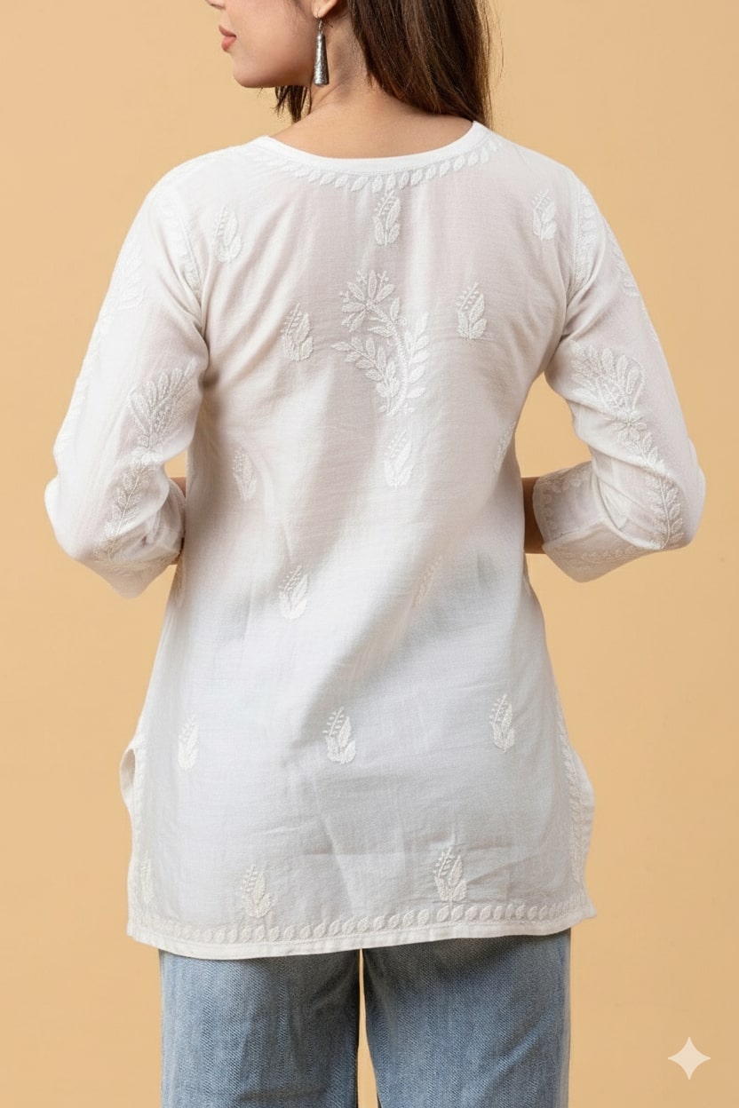 Off White Chanderi Chikankari Short Top