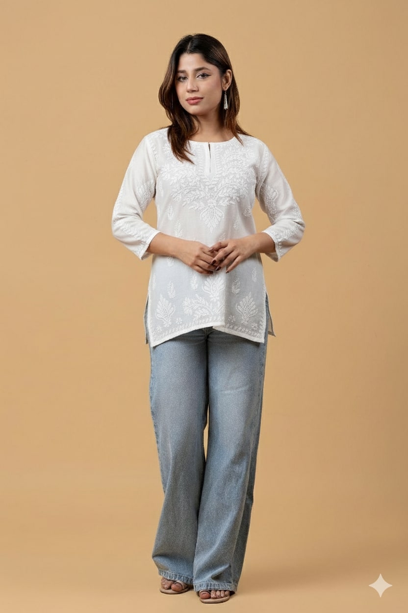 Off White Chanderi Chikankari Short Top