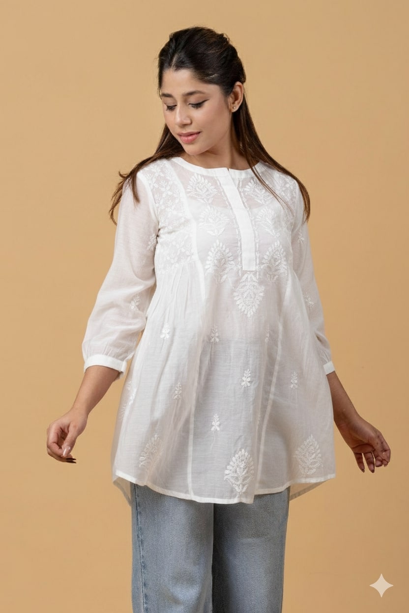 White Muslin Chikankari Short Top