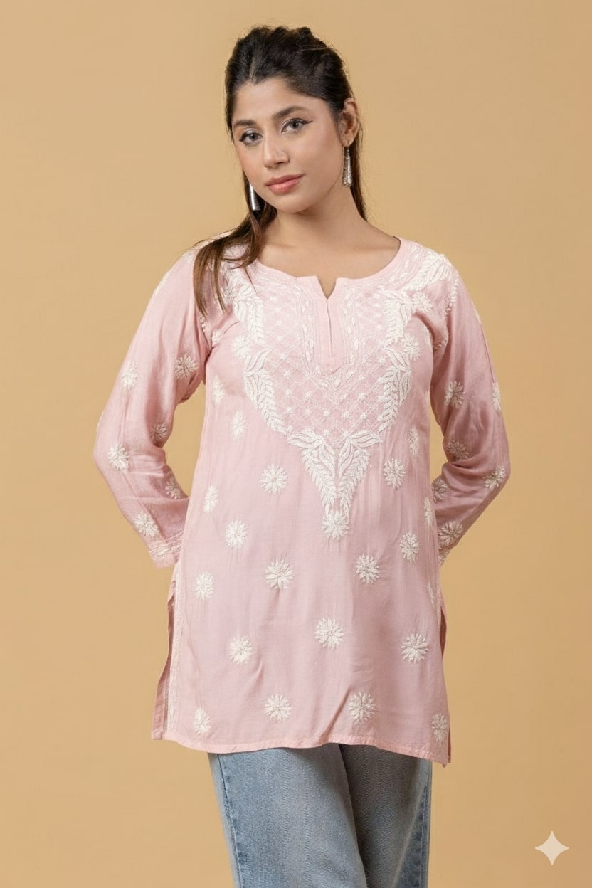 Peach Muslin Chikankari Short Top
