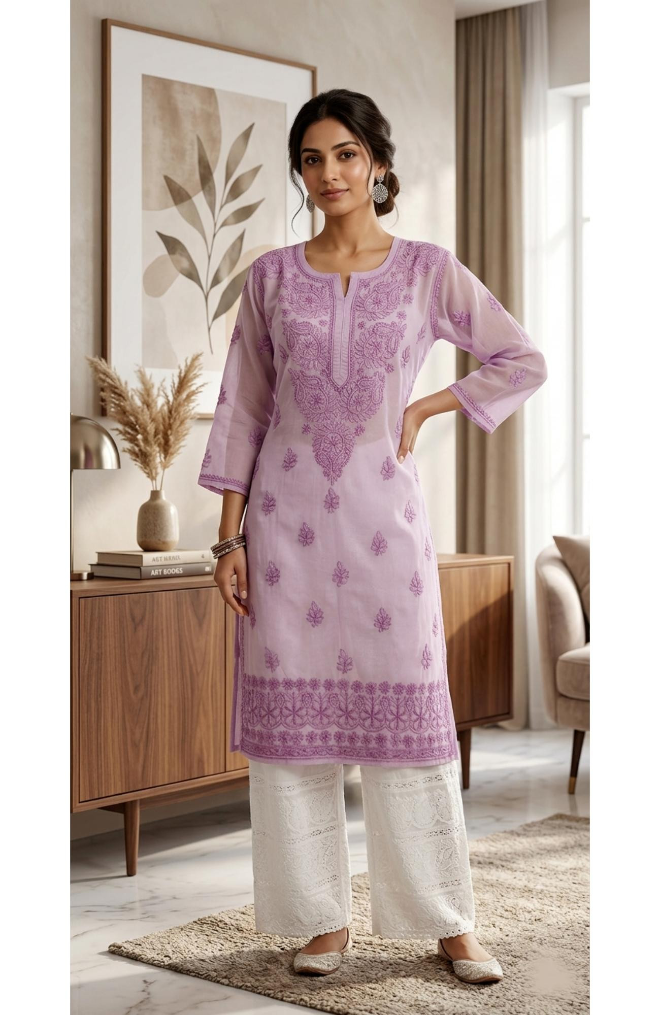 Onion Pink Cotton  Hand Embroidered Chikankari Kurti