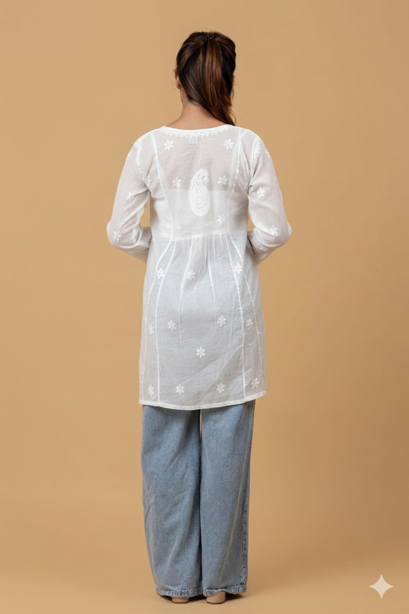 White Mul Chanderi Chikankari Short Top