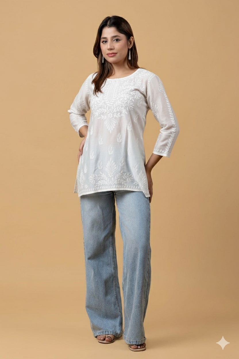 Off White Chanderi Chikankari Short Top