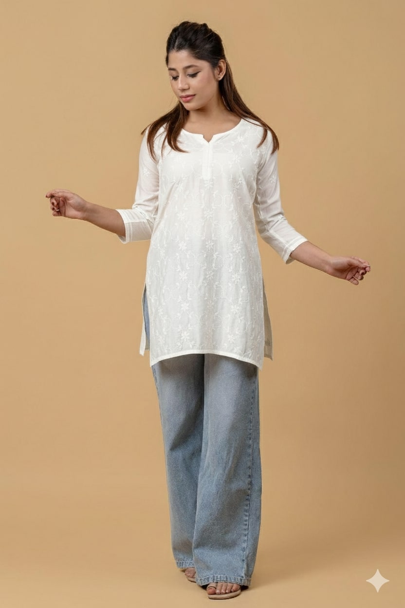 White Chanderi Chikankari Short Top