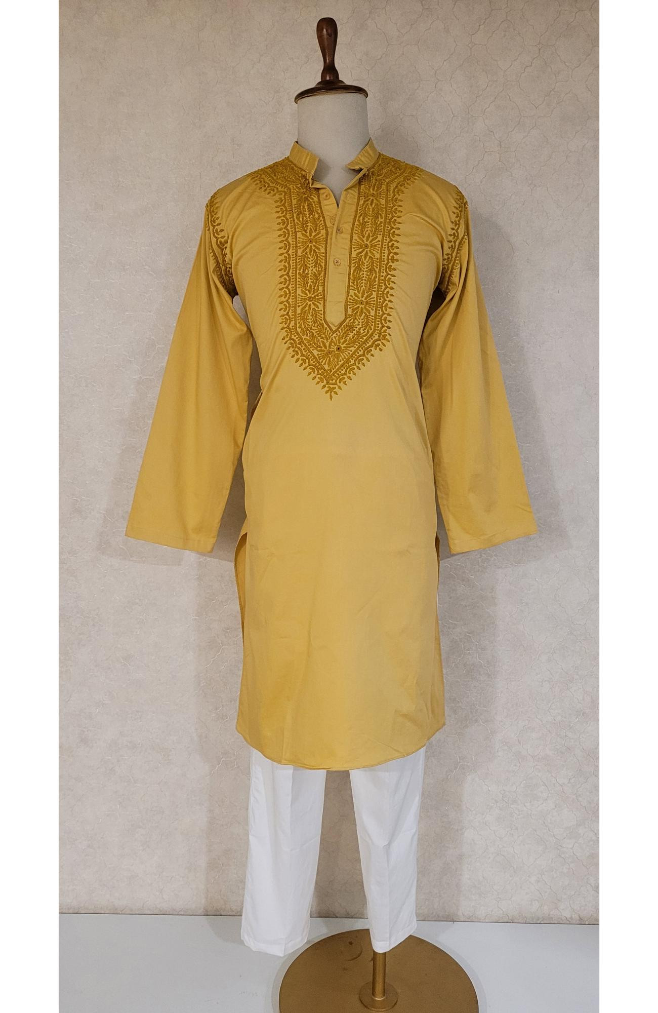 Yellow Lycra Cotton Chikankari Kurta