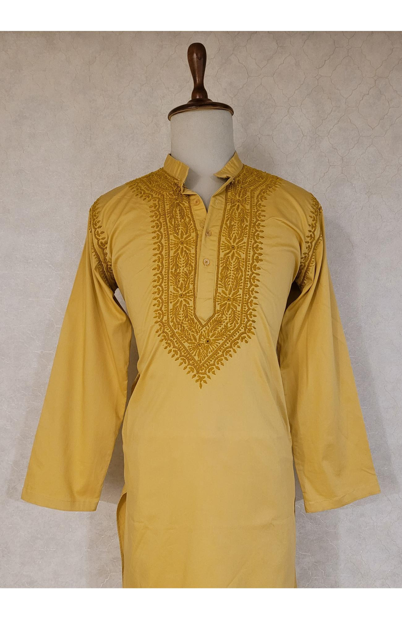 Yellow Lycra Cotton Chikankari Kurta