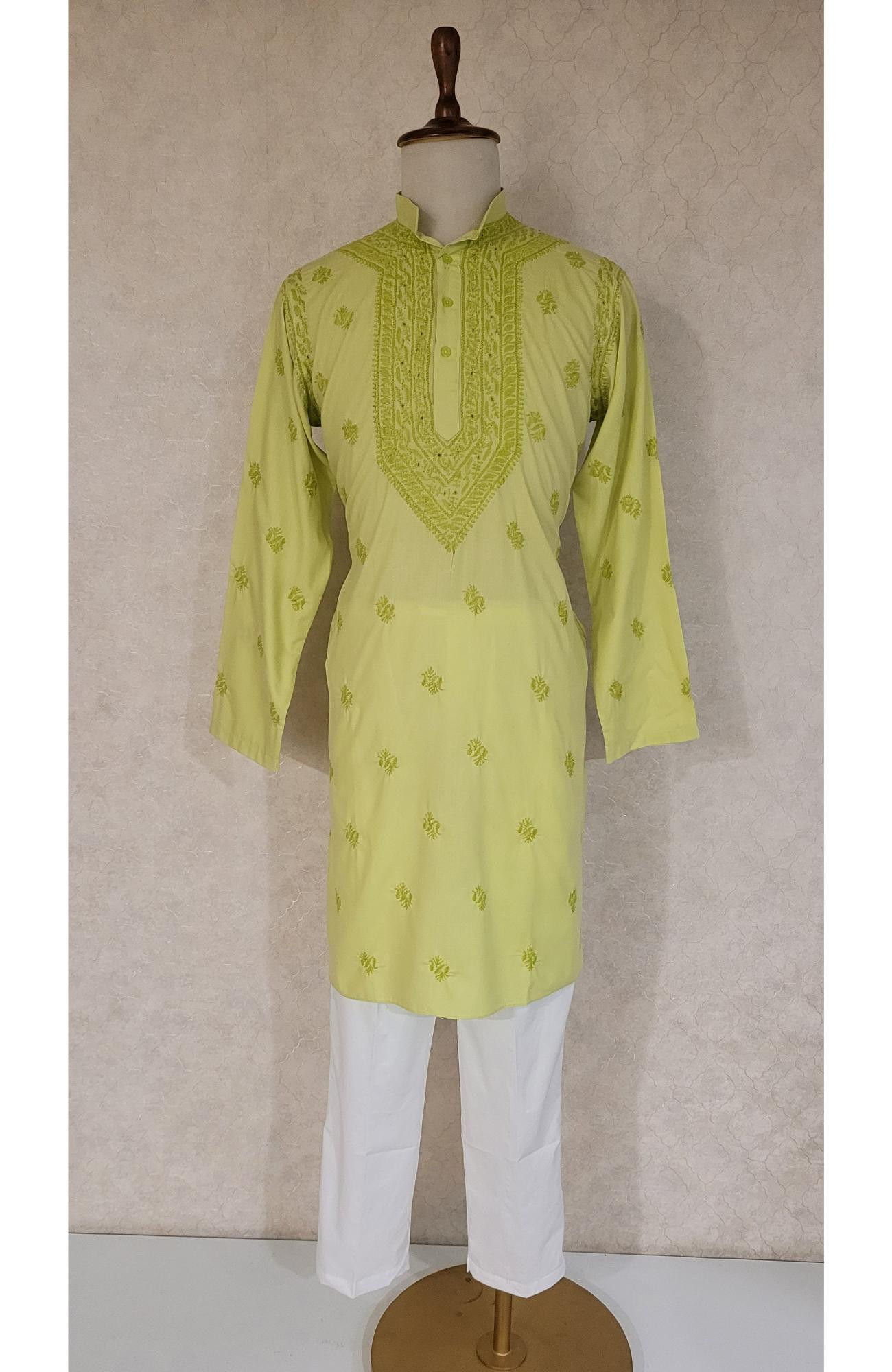 Green Cotton Linen Chikankari Kurta