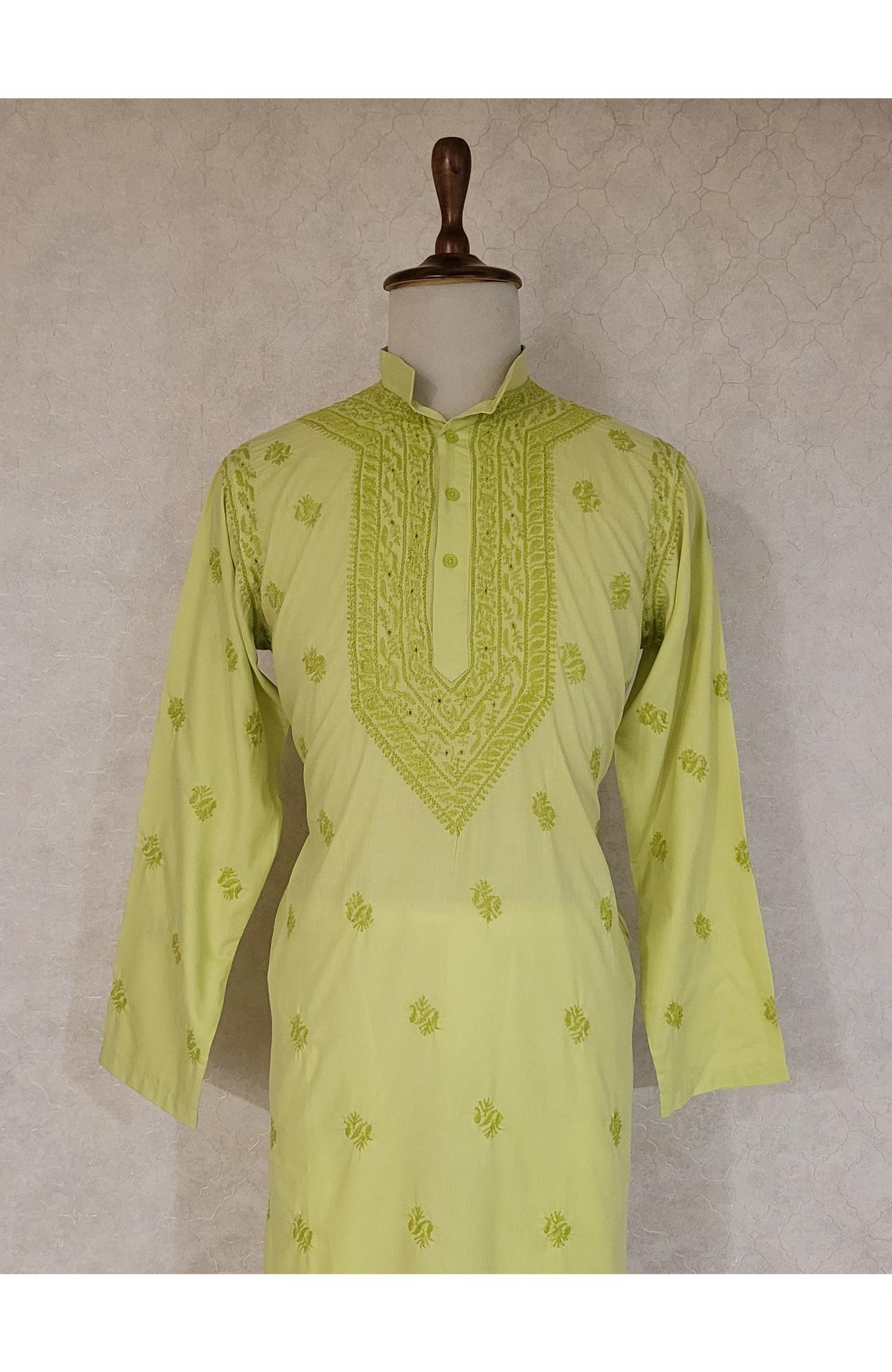 Green Cotton Linen Chikankari Kurta