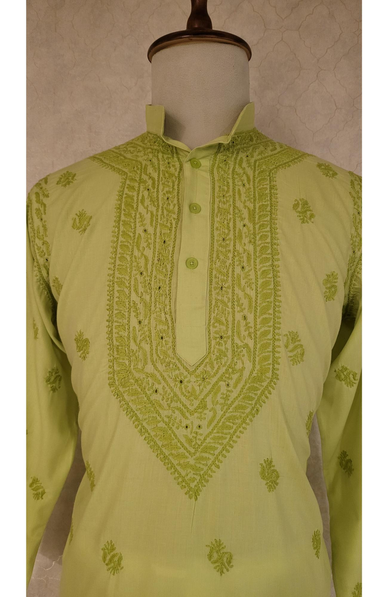 Green Cotton Linen Chikankari Kurta