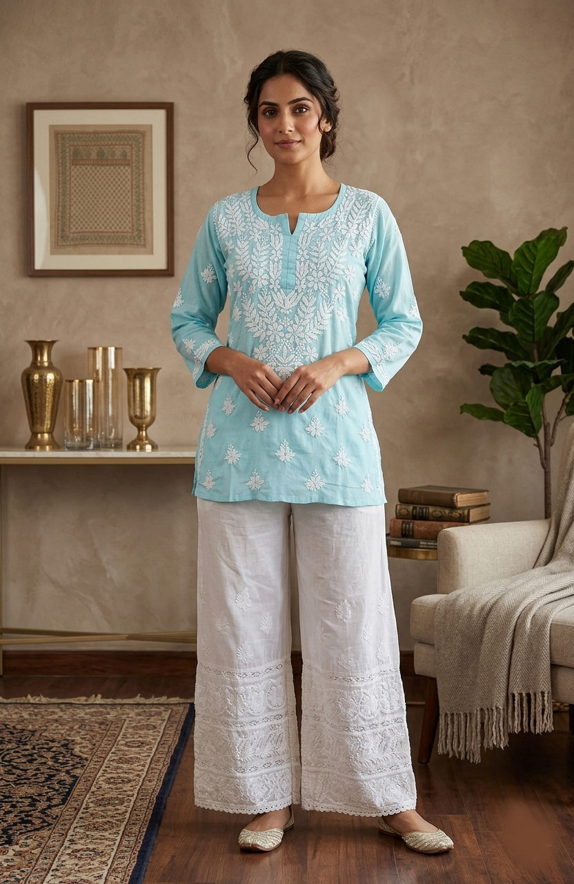 Green Cotton Hand Embroidered Chikankari Short Top  Rohia By Chhangamal