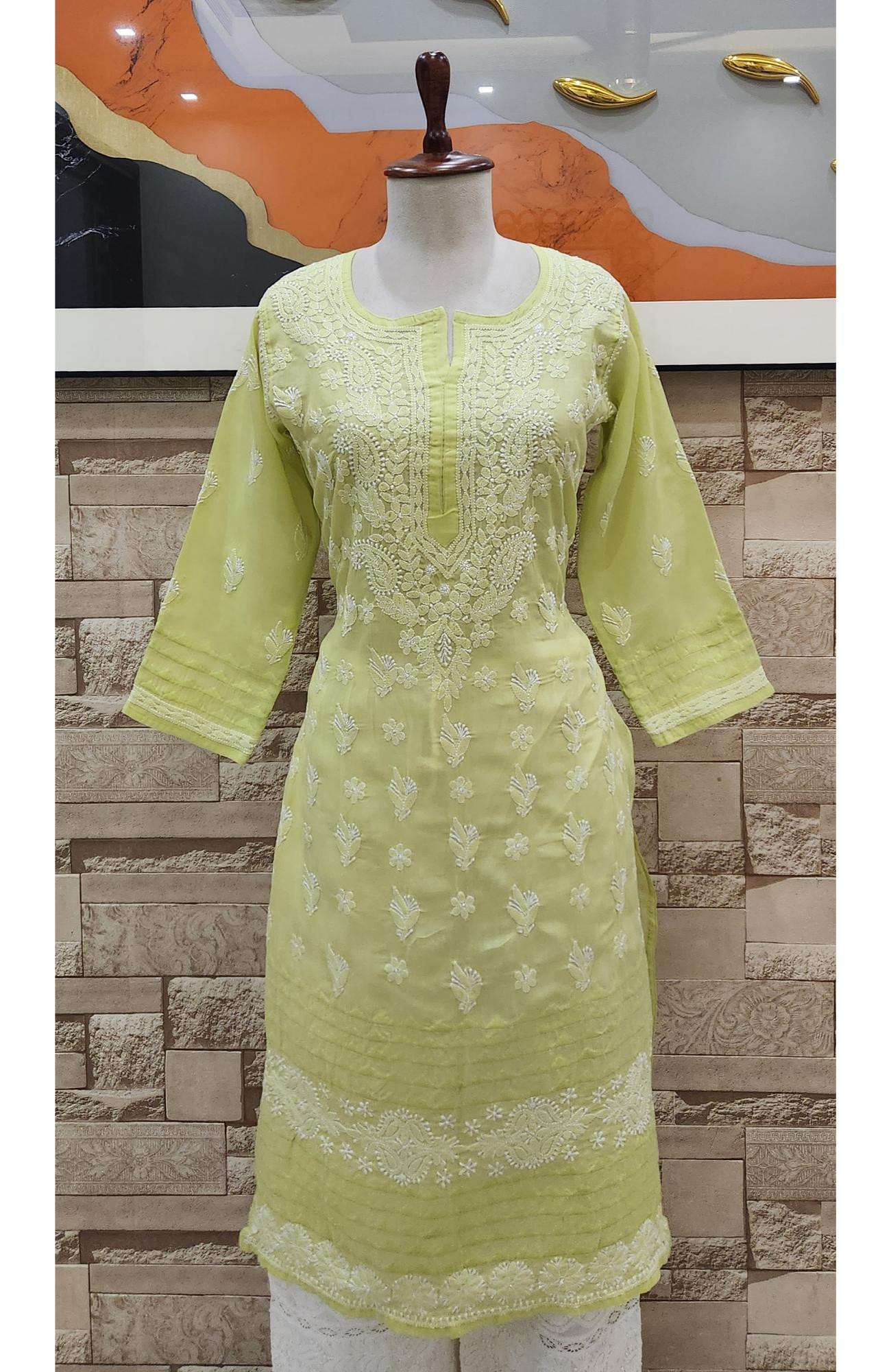 Green Cotton Hand Embroidered Chikankari Kurti  Rohia By Chhangamal