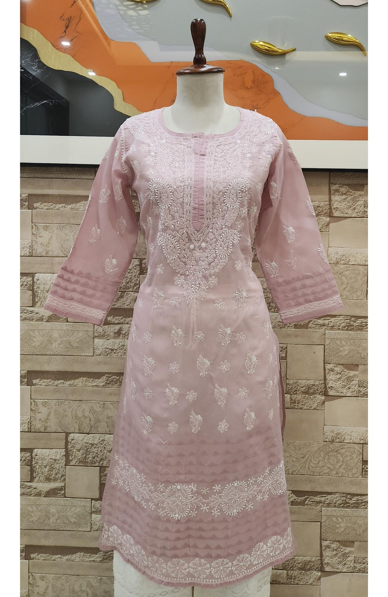 Pink Cotton Hand Embroidered Chikankari Kurti  Rohia By Chhangamal