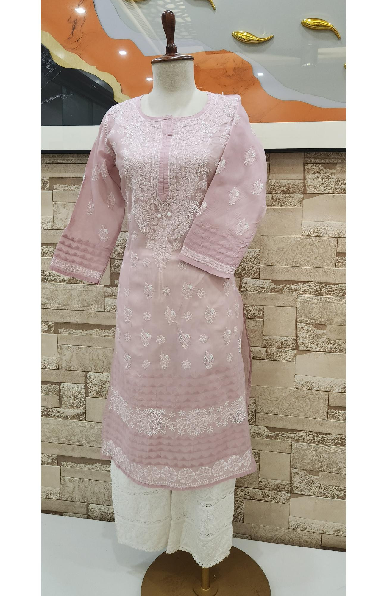 Pink Cotton Hand Embroidered Chikankari Kurti  Rohia By Chhangamal
