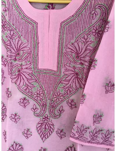 hhangamal Hand Embroidered Wine Colour Cotton Chikankari Kurti