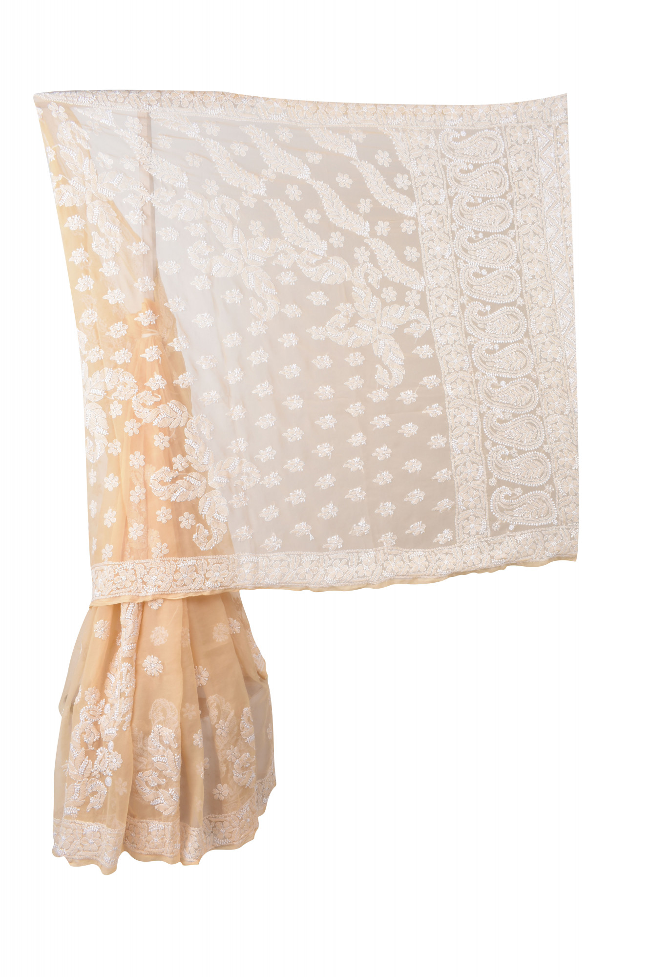 Rohia By Chhangamal Hand Embroidered Fawn Colour Faux Georgette Chikan Saree With Blouse S9077