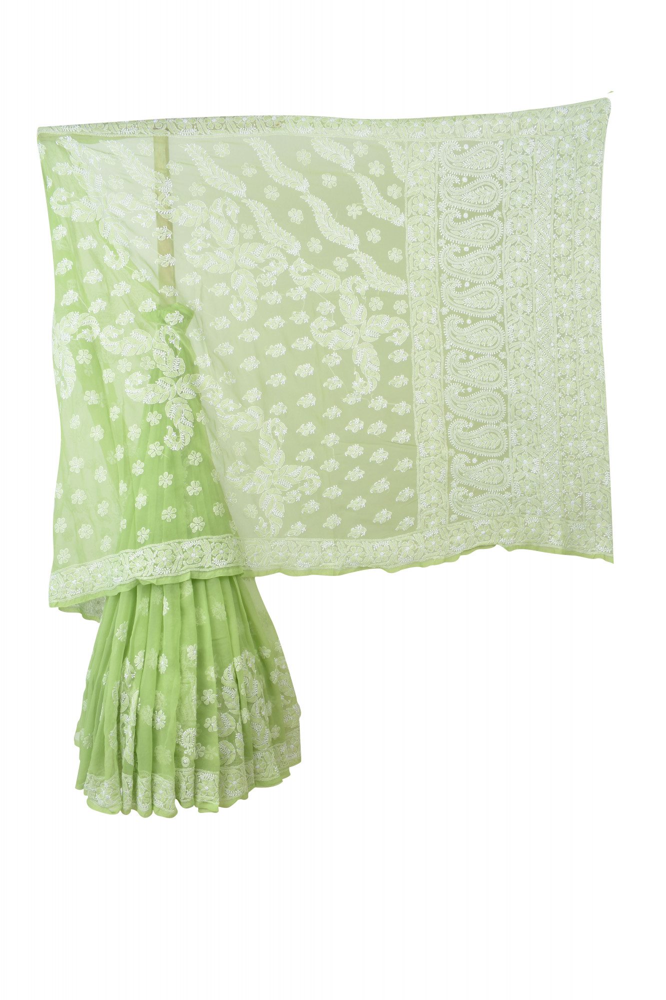 Rohia By Chhangamal Hand Embroidered Mehndi Green Faux Georgette Chikan Saree With Blouse S9077