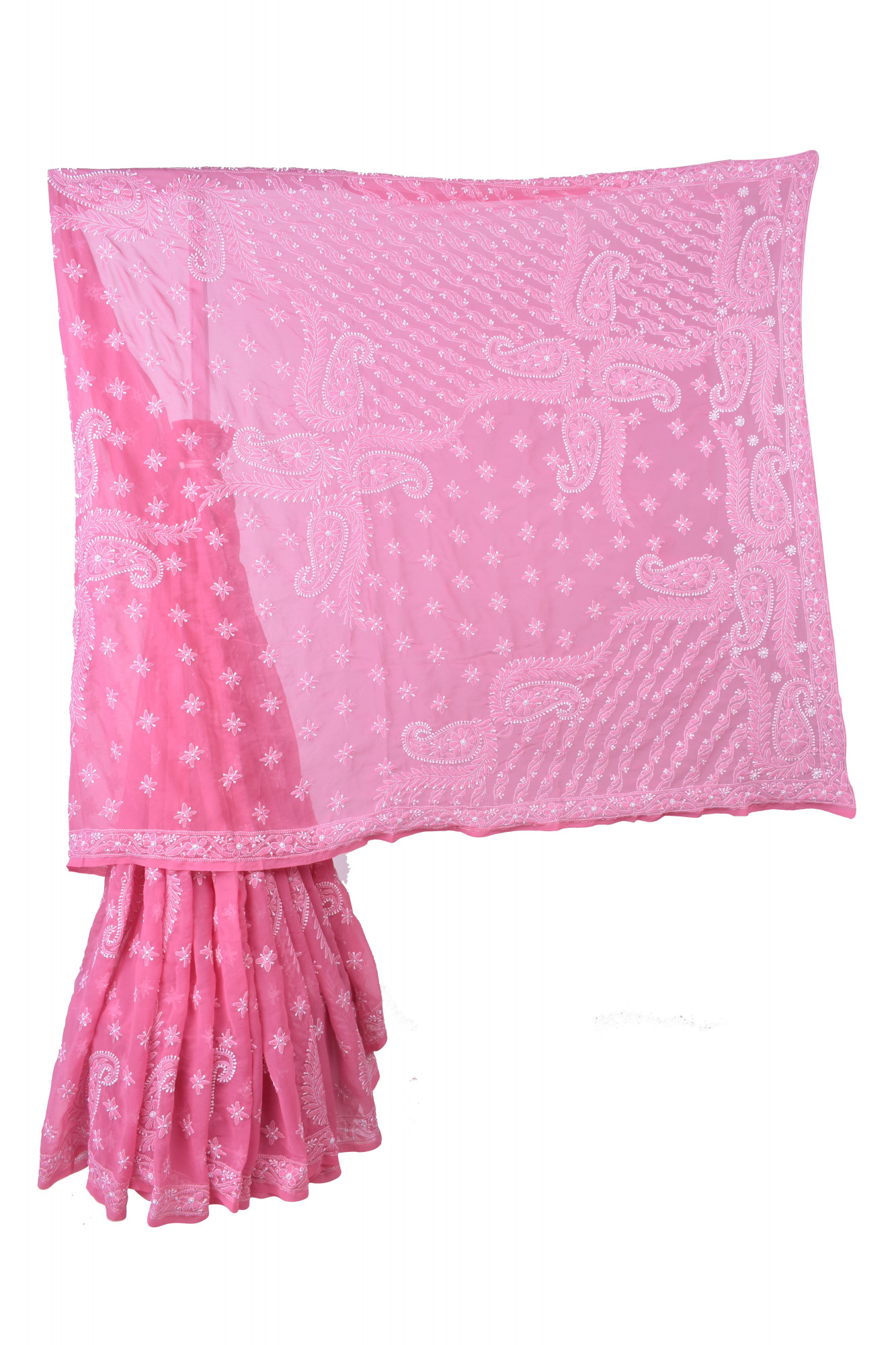 Rohia by Chhangamal Hand Embroidered Onion Pink Faux Georgette Chikan Saree With Blouse S9071