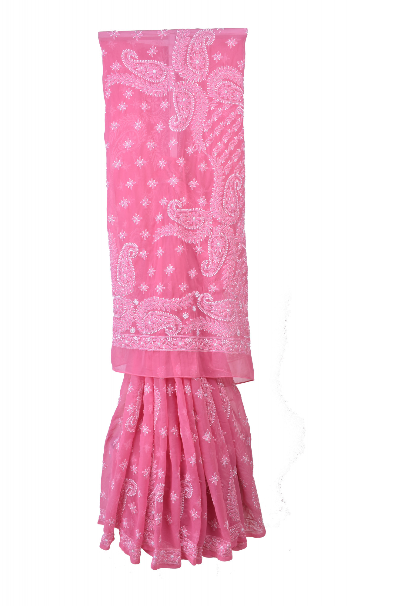 Rohia by Chhangamal Hand Embroidered Onion Pink Faux Georgette Chikan Saree With Blouse S9071