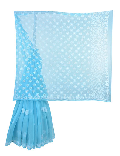 Rohia by Chhangamal Hand Embroidered Firozi Faux Georgette Palla Booti Chikan Saree.