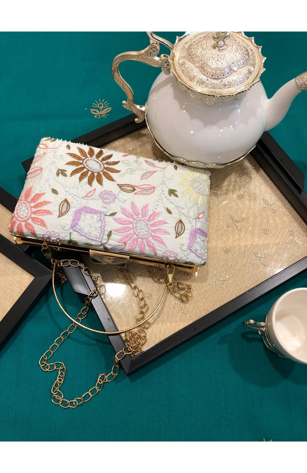 Light Sea Green Chanderi Chikankari Bag