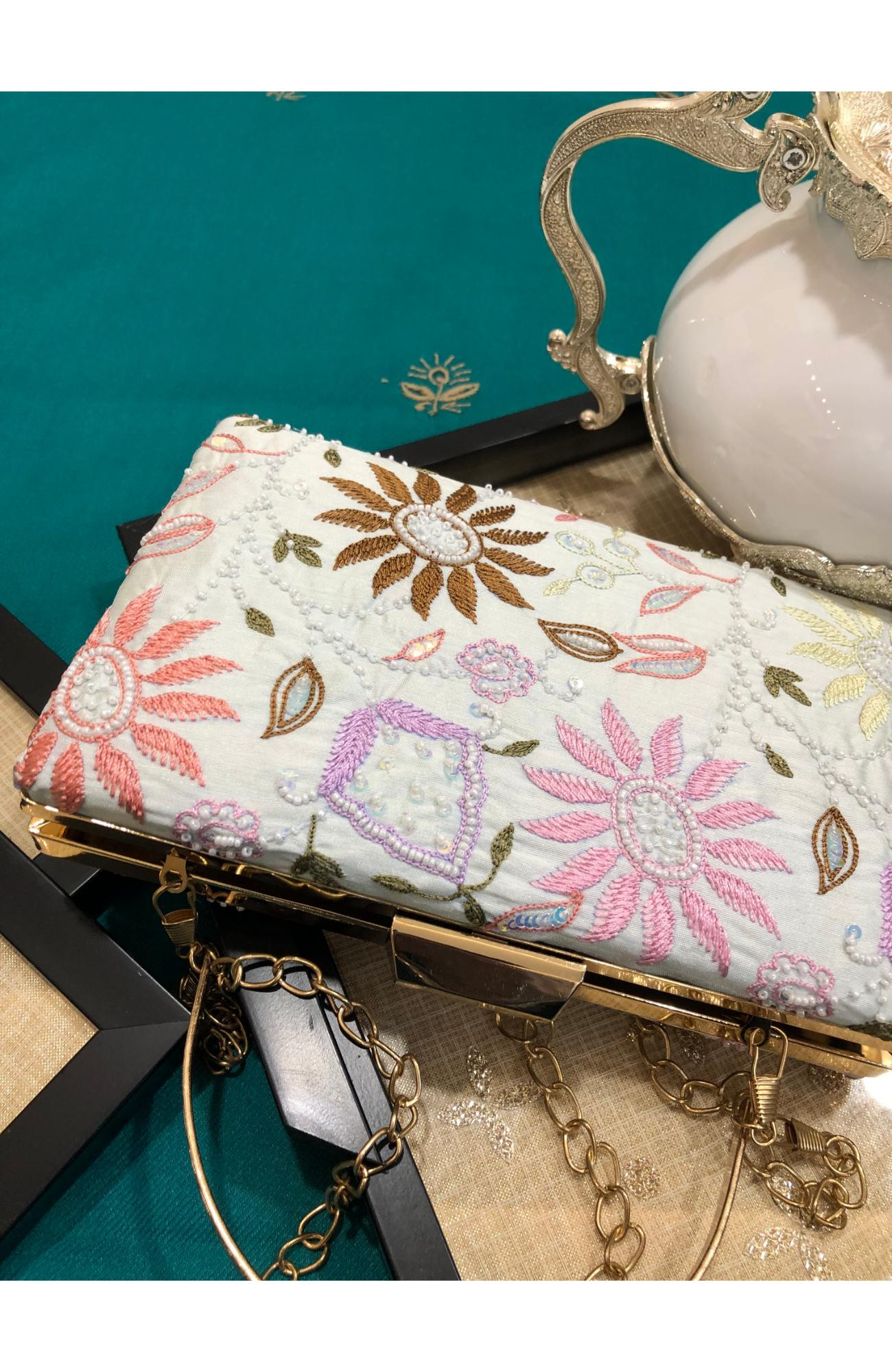 Light Sea Green Chanderi Chikankari Bag