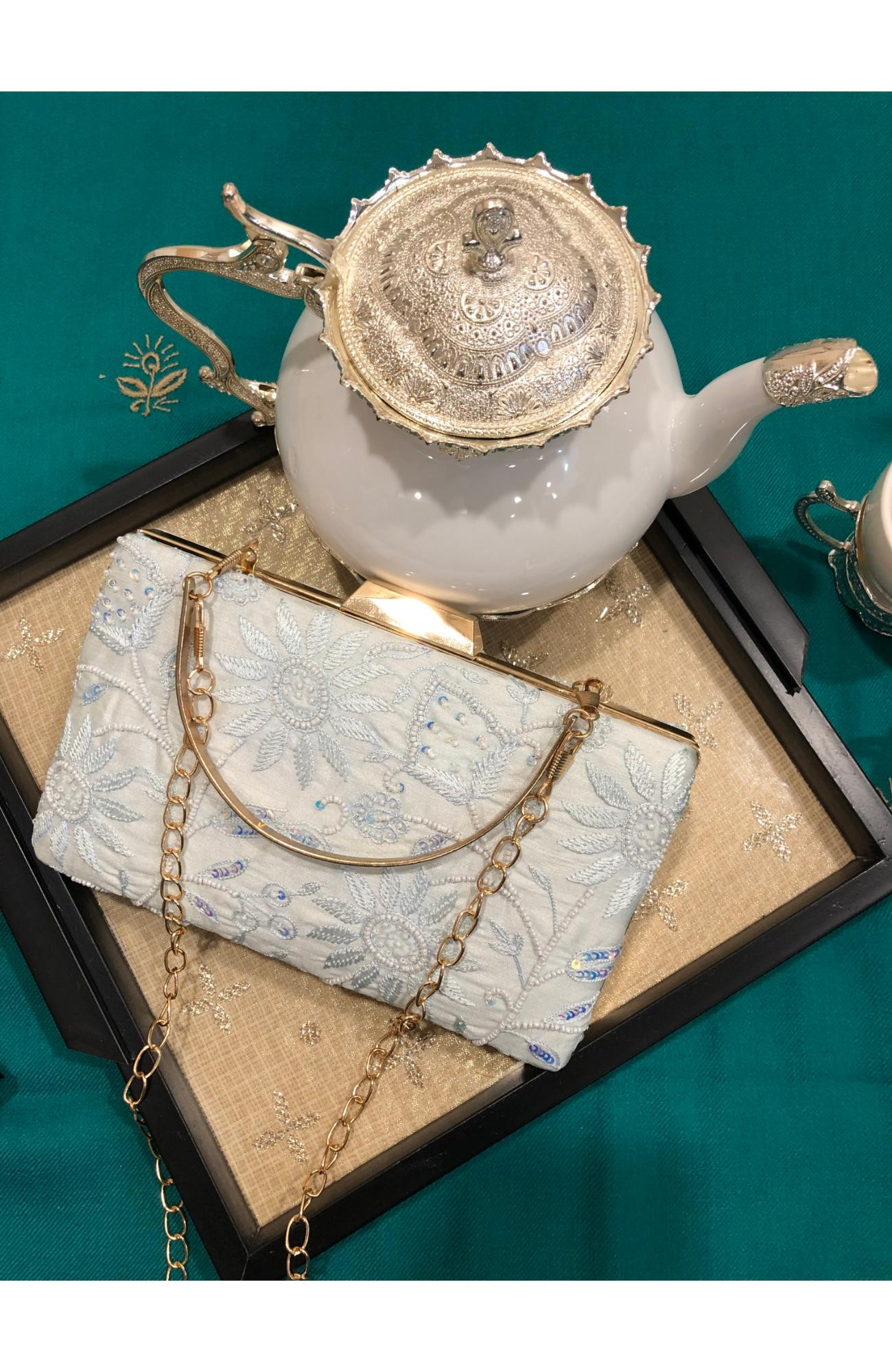 Light Blue Chanderi Chikankari Bag