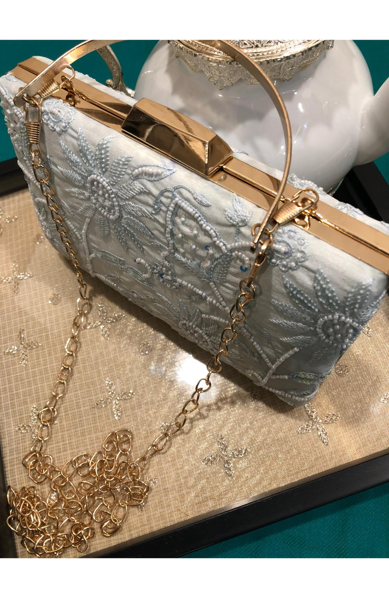Light Blue Chanderi Chikankari Bag