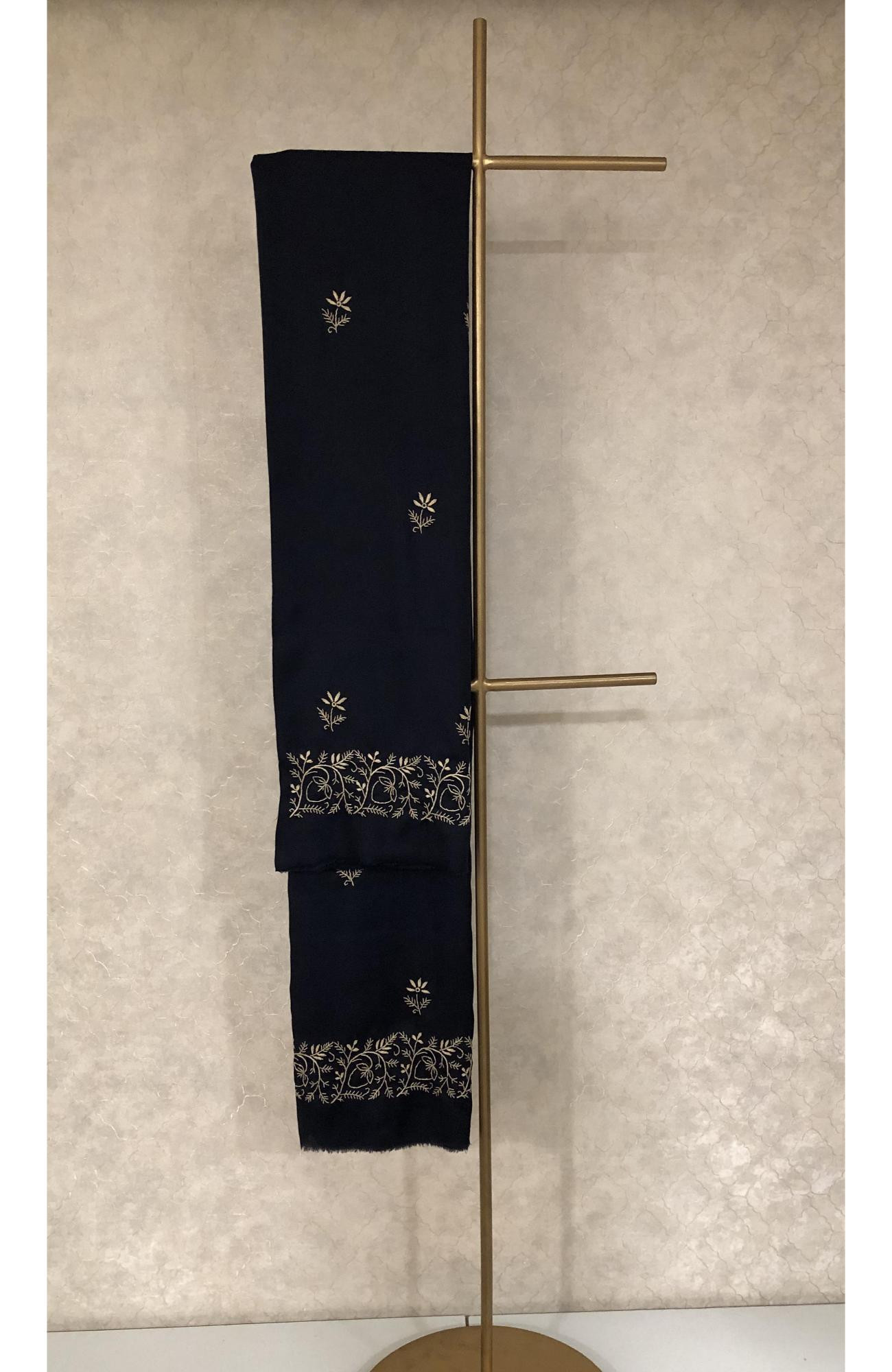 Navy Blue Woolen Chikankari Shawl