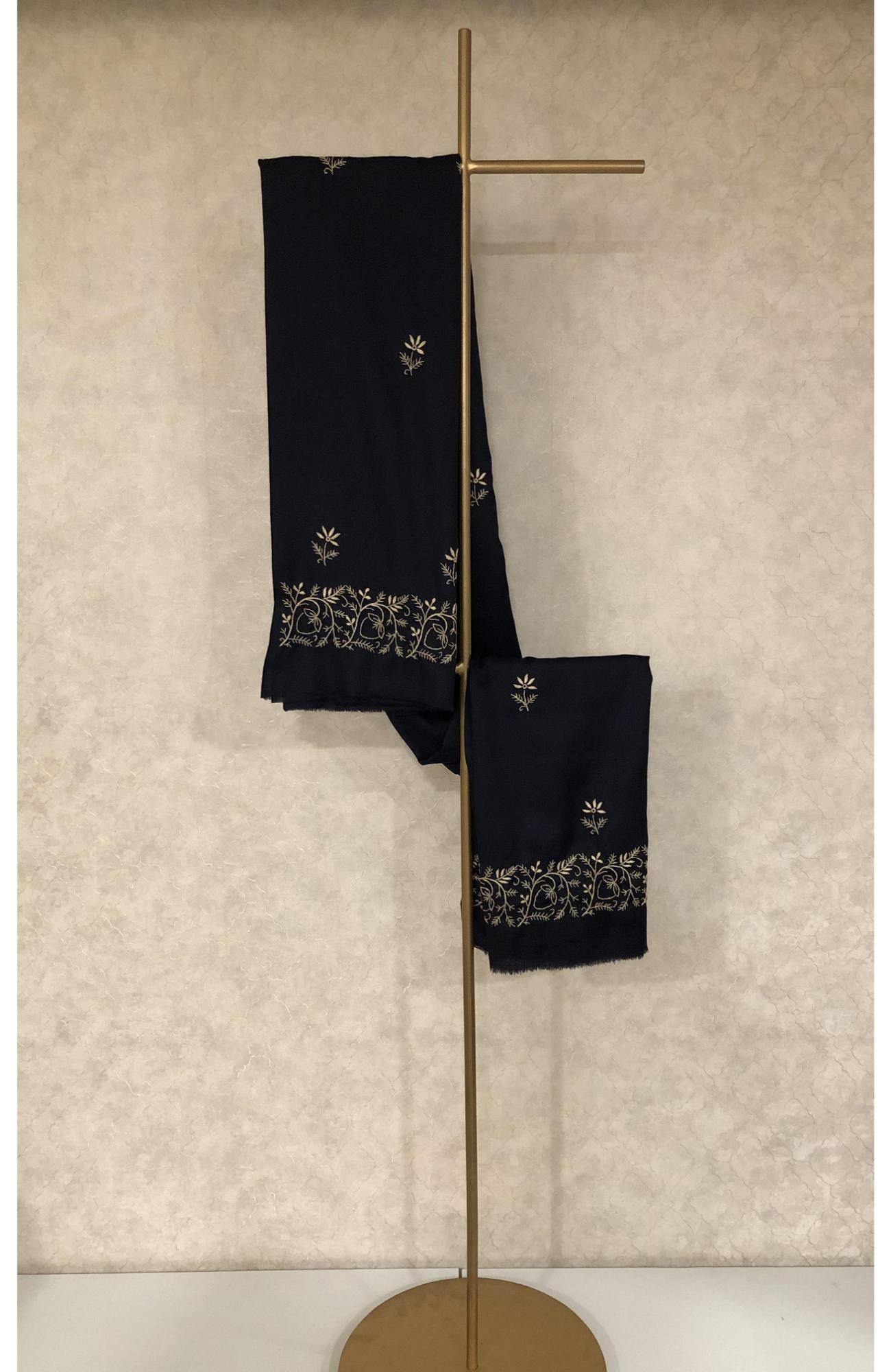 Navy Blue Woolen Chikankari Shawl