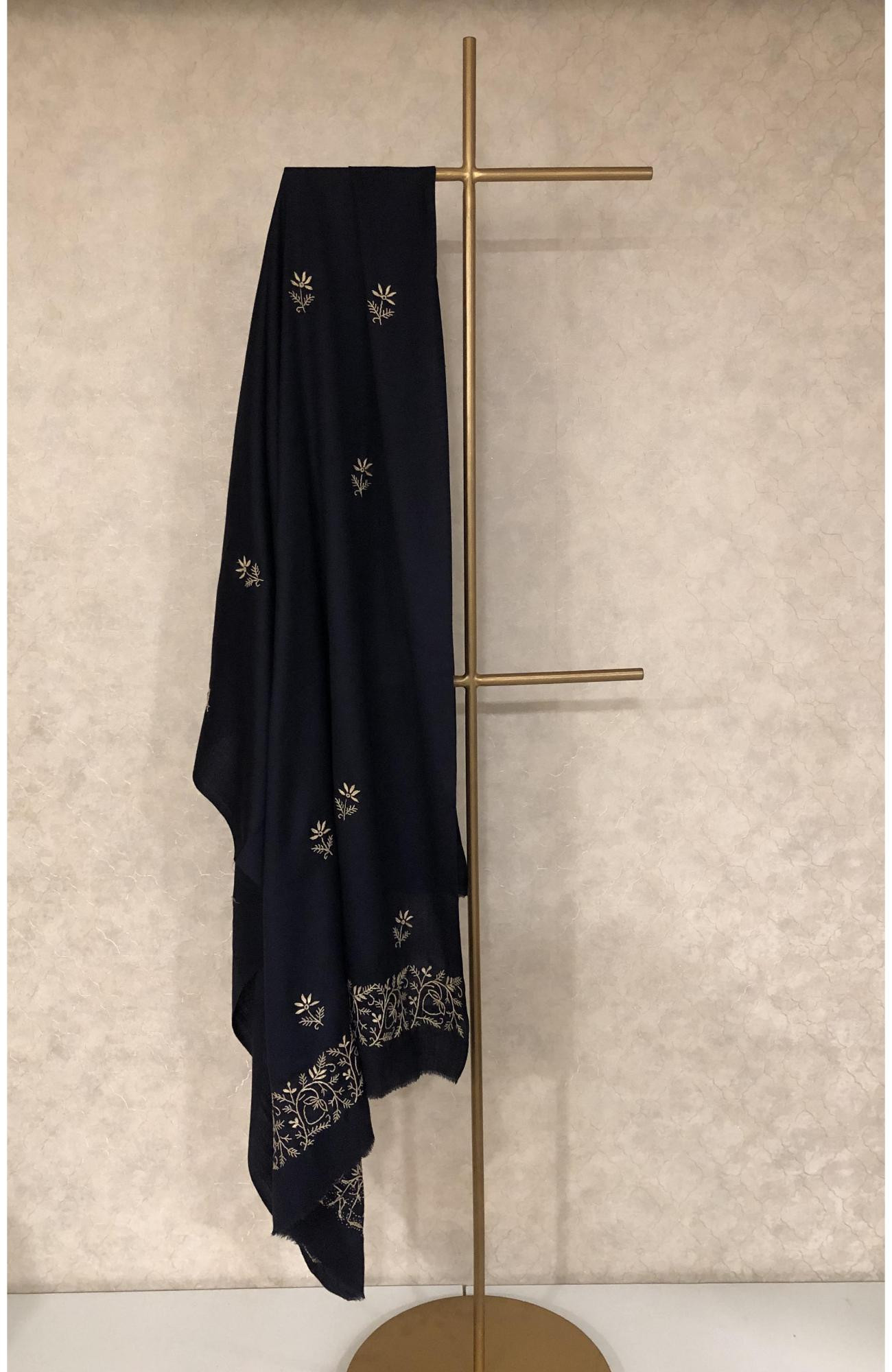 Navy Blue Woolen Chikankari Shawl