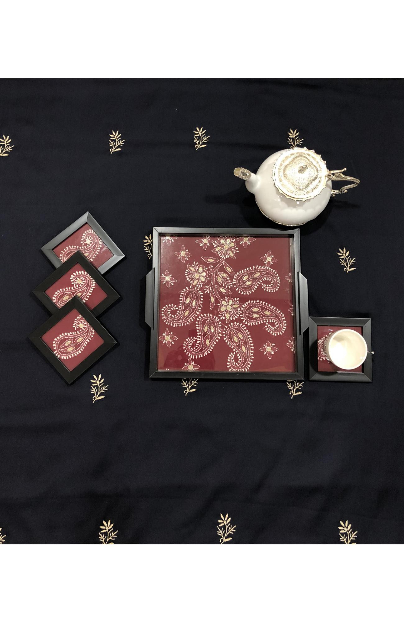 Red Georgette Chikankari Coaster Set