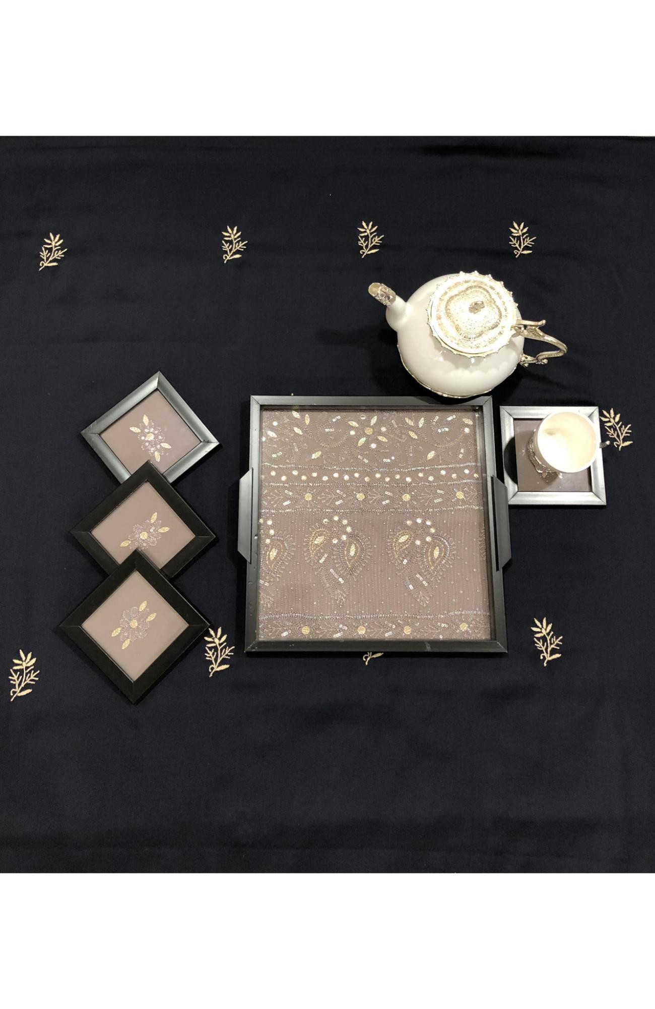 Dark Grey Pure Georgette Chikankari Coaster Set