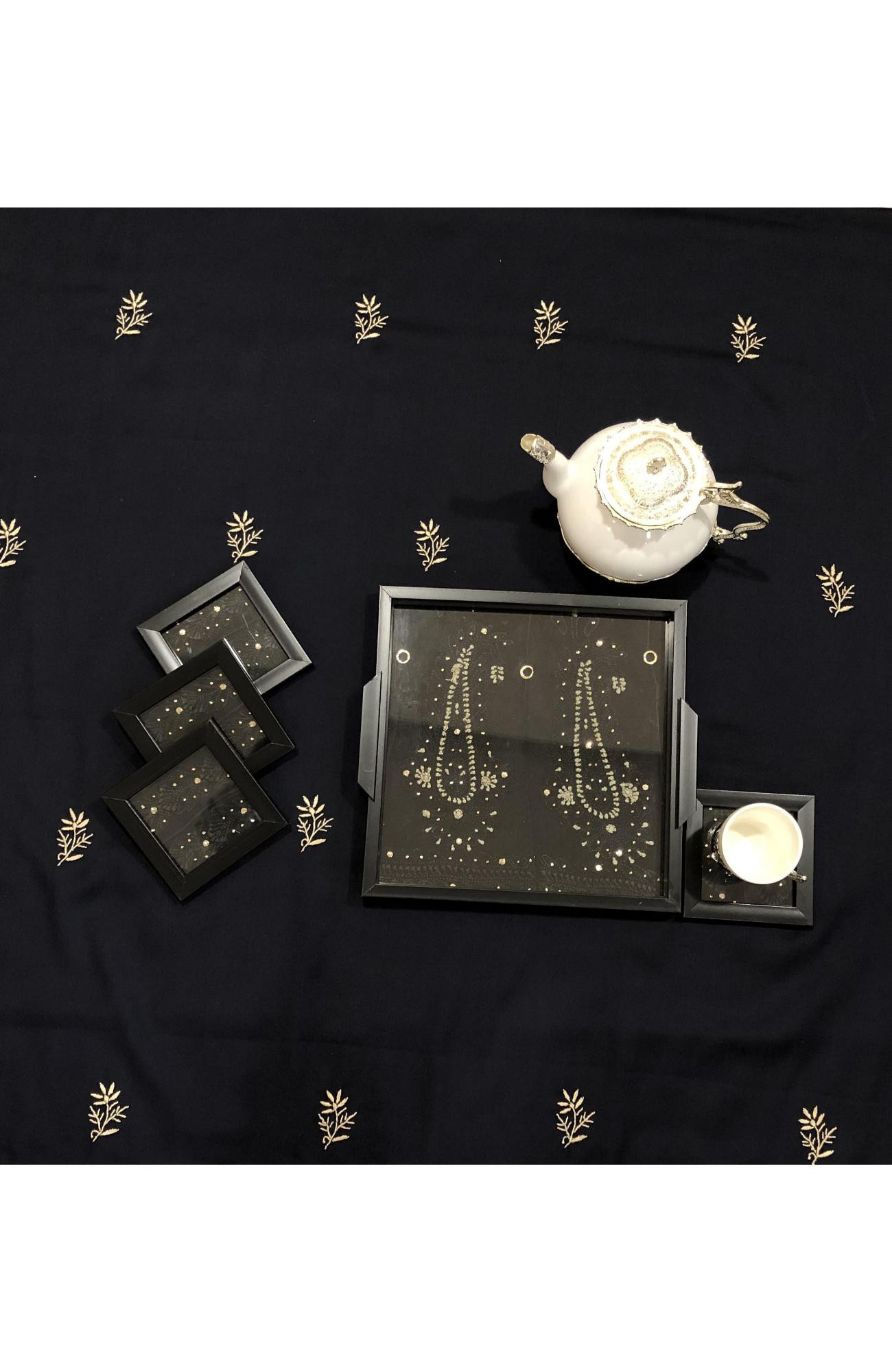 Black Pure Georgette Chikankari Coaster Set