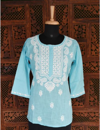 Chhangamal Hand Embroidered Womens Blue Colour Cotton Chikankari Short Top