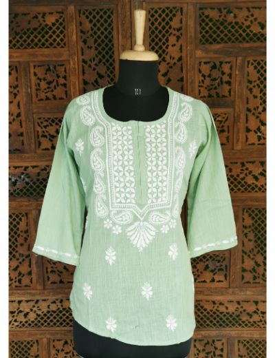Chhangamal Hand Embroidered Womens Pistachio Green Colour Cotton Chikankari Short Top