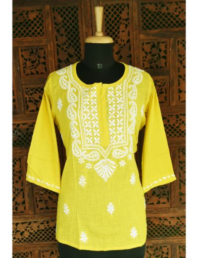 Chhangamal Hand Embroidered Womens Yellow Colour Cotton Chikankari Short Top