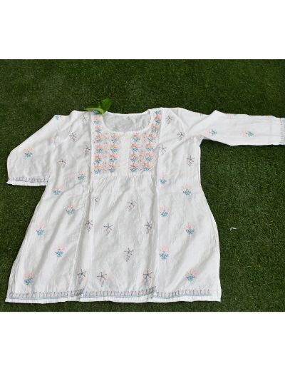 Chhangamal Hand Embroidered Womens White Colour Chanderi Silk Chikankari Short Top