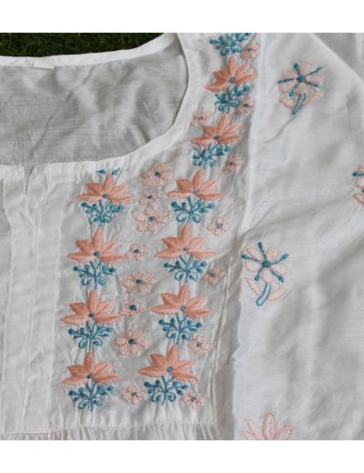 Chhangamal Hand Embroidered Womens White Colour Chanderi Silk Chikankari Short Top