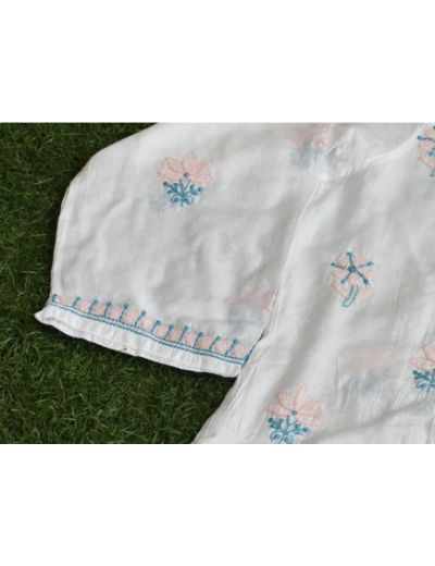 Chhangamal Hand Embroidered Womens White Colour Chanderi Silk Chikankari Short Top