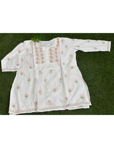 Chhangamal Hand Embroidered Womens White Colour Chanderi Silk Chikankari Short Top