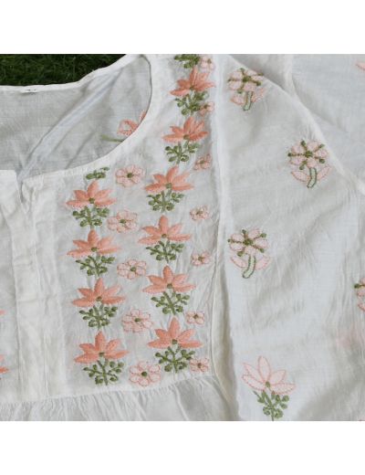 Chhangamal Hand Embroidered Womens White Colour Chanderi Silk Chikankari Short Top