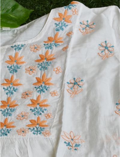 Chhangamal Hand Embroidered Womens White Colour Chanderi Silk Chikankari Short Top